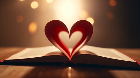 An open book with a heart-shaped cutoutの素材