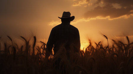 A man in a cowboy hat strolling through a picturesque fieldの素材