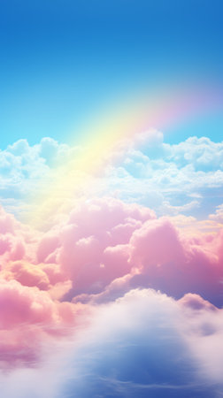 A vibrant rainbow stretching across the sky above fluffy white cloudsの素材