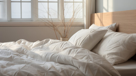 An untidy bed with crumpled white sheets and pillowsの素材
