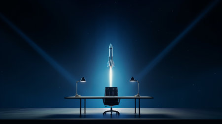 A desk with a computer and a rocket on top, symbolizing innovation and technologyの素材