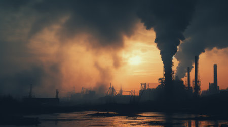 A factory emitting smoke from its stacksの素材