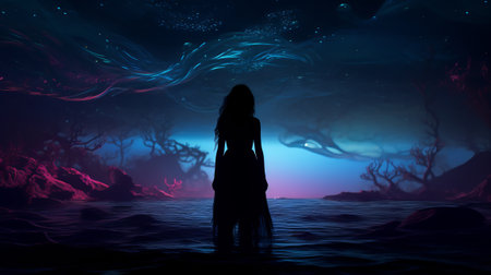 A woman standing in the water at nightの素材
