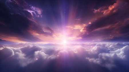 The sun breaking through the clouds in a breathtaking display of light and colorの素材
