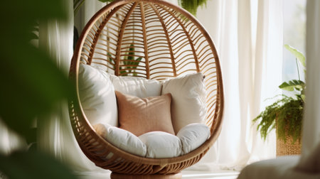 A cozy rattan hanging chair in a stylish living roomの素材