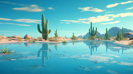 A desert oasis with cactus and rocks surrounding a serene pool of waterの素材
