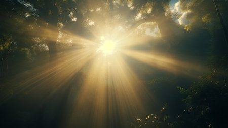 Sunlight streaming through the trees in a serene forestの素材