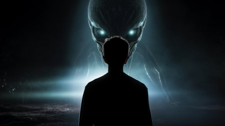 A man posing in front of a mysterious alien sculptureの素材