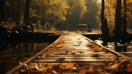 A wooden walkway leading into a forest filled with treesの素材