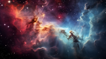 A vibrant and dreamy celestial landscape with stars and fluffy cloudsの素材