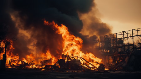 A massive fire engulfing a building with flames shooting into the skyの素材