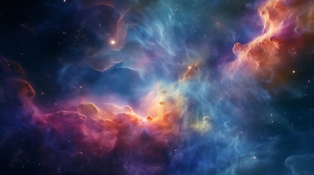 A vibrant cosmic landscape with stars and cloudsの素材