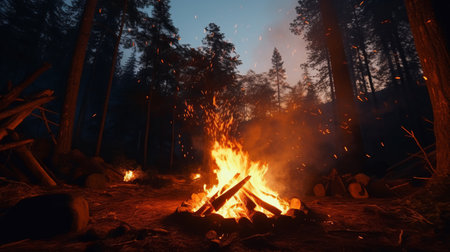 A cozy campfire surrounded by lush green trees in the heart of the forestの素材