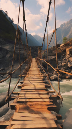 A picturesque wooden suspension bridge with majestic mountains in the backdropの素材