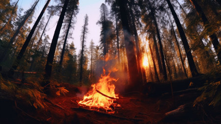 A campfire illuminating the peaceful forest surroundingsの素材