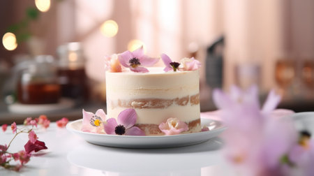 A beautifully decorated white cake with pink and purple floral accentsの素材