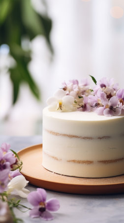 A beautifully decorated white cake with purple flowers on a plateの素材