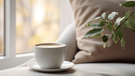 A cup of coffee on a saucer by a windowの素材