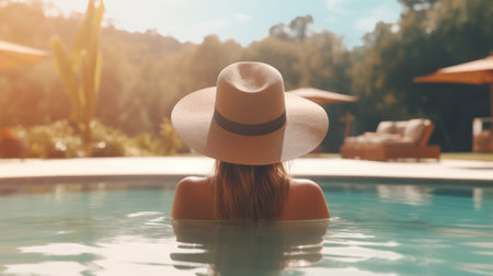 A woman sitting in a pool wearing a stylish hatの素材