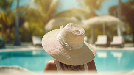 A woman sitting by a poolside, wearing a stylish hatの素材