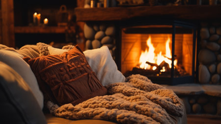 A cozy living room with a fireplace and comfortable seatingの素材