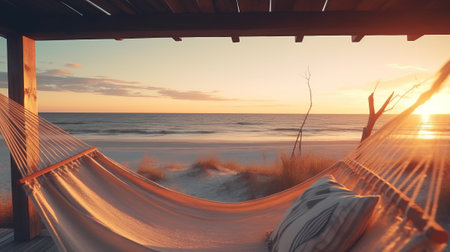 A serene sunset hammock scene on the beachの素材