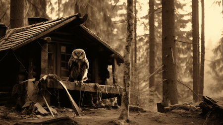 An owl perched on a log in a forestの素材