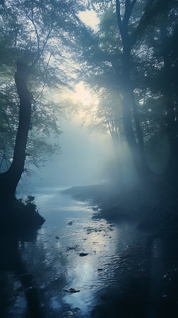 A serene forest stream surrounded by lush green treesの素材