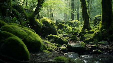 A serene stream flowing through a vibrant green forestの素材