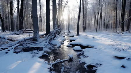 A serene winter stream flowing through a snow-covered forestの素材