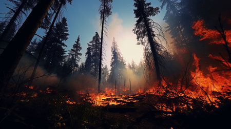 A fiery forest with towering trees engulfed in flamesの素材