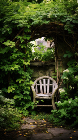 A wooden chair in a serene forest settingの素材