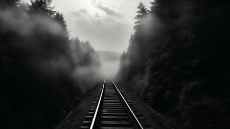 A black and white photo of a train trackの素材