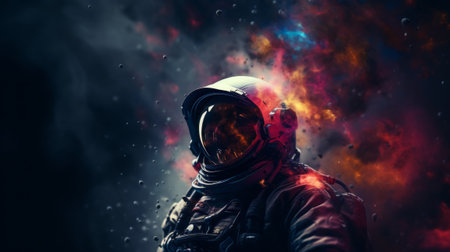 A man in a space suit standing in front of a dark backgroundの素材