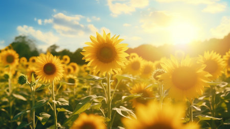 A field of sunflowers with the sun in the backgroundの素材