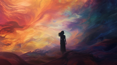 A woman standing in front of a colorful paintingの素材