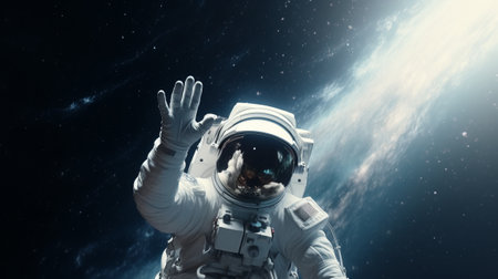 An astronaut in outer space waving to the skyの素材