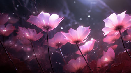 A bunch of pink flowers that are in the darkの素材