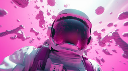 A man in a space suit standing in front of a pink backgroundの素材