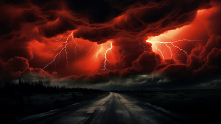 A road with a lot of dark clouds and lightningの素材