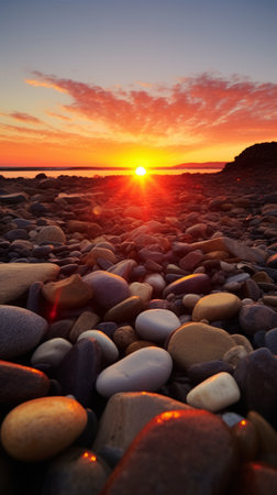 The sun is setting over a rocky beachの素材