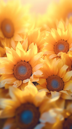 A bunch of yellow sunflowers with a blue centerの素材