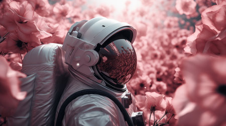 A man in a space suit and helmet standing in a field of flowersの素材