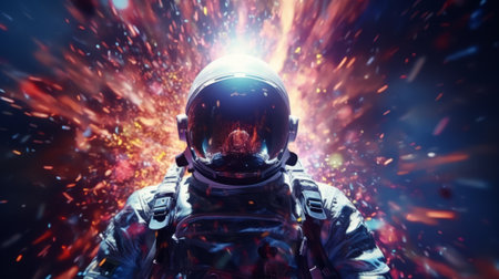 A man in a space suit standing in front of fireworksの素材