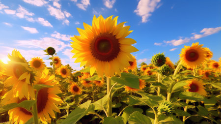 A field of sunflowers with a blue sky in the backgroundの素材
