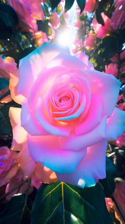 A pink rose with green leaves in the sunlightの素材