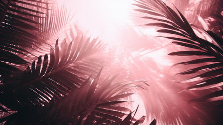 The sun shines through the leaves of palm treesの素材