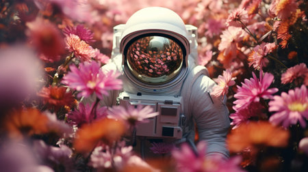 A man in a space suit surrounded by flowersの素材