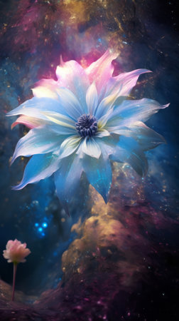 A blue flower sitting on top of a lush green fieldの素材