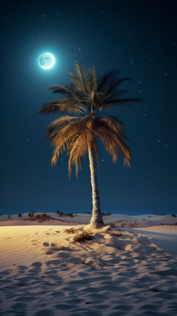 A palm tree sitting on top of a sandy beachの素材